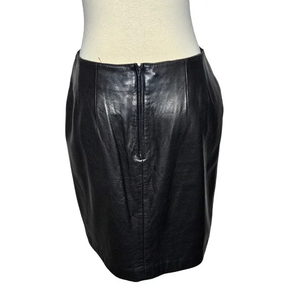 Siena Studio Black Genuine Leather Mini Skirt Front Slit Size 10 Pencil Skirt - Picture 4 of 8